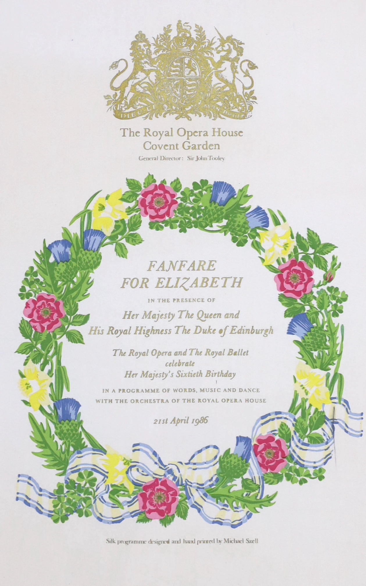 A vintage silk Royal Opera Covent Garden programme, Fanfare for Elizabeth II, 21st April, 1986, designed by Michael Szell, original envelope verso, 57 x 37cm
